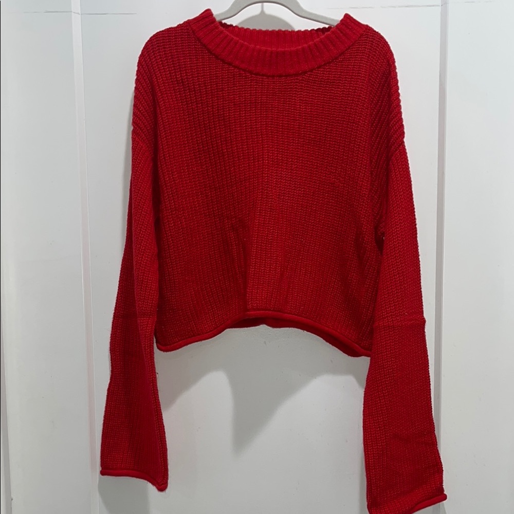 Cropped Flare Sleeve Mock Neck Sweater